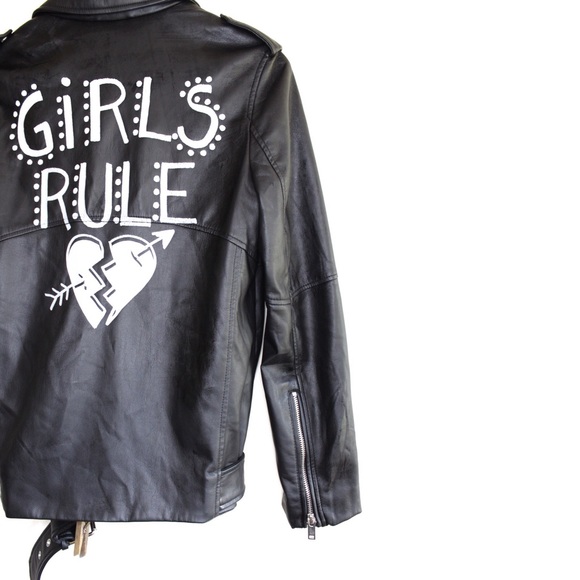 Zara Vegan Leather Edgy Moto Biker Jacket XS Girls Rule Slogan Bloggers Favorite - Picture 13 of 16
